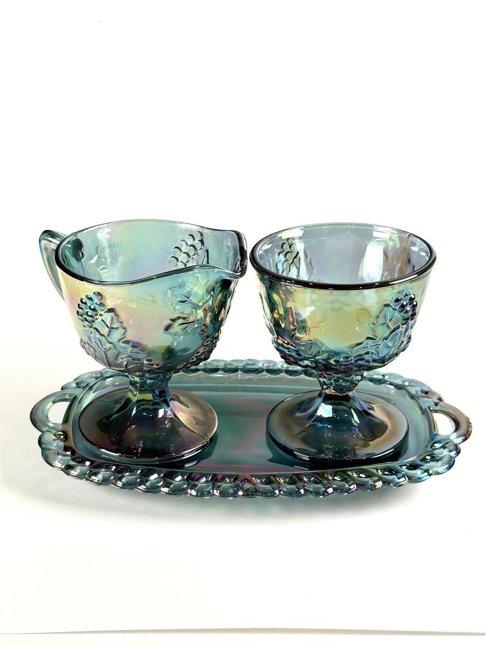 Vintage Indiana Carnival Glass Cream Sugar Tray Harvest Grape Blue Iridescent